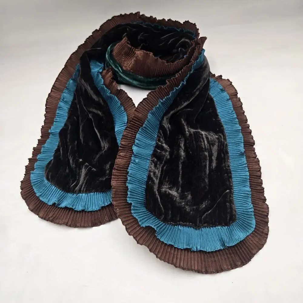 Vtg Y2K Blue Brown Velvet Ruffle Scarf Whimsigoth Fairycore Pleated Wrap 60x7